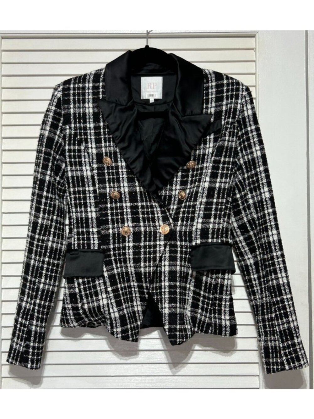 Rachel Parcell Women's Plaid Tweed Double Breasted Satin Lapel Blazer Sz 4 3151 - Picture 12 of 16